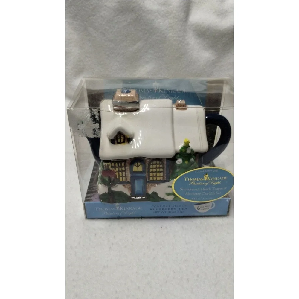 Thomas Kinkade Stone hearth Hutch Teapot Blueberry‎ Tea Gift Set 2006